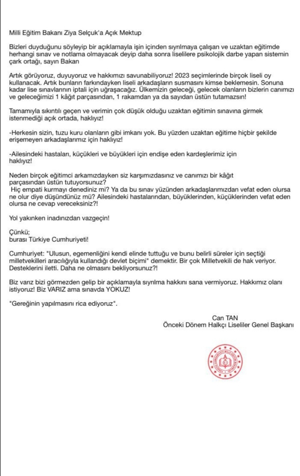 1 Mart ve sonrasında yapılacak olan sınavlar iptal olsun! İmza Kampanyası