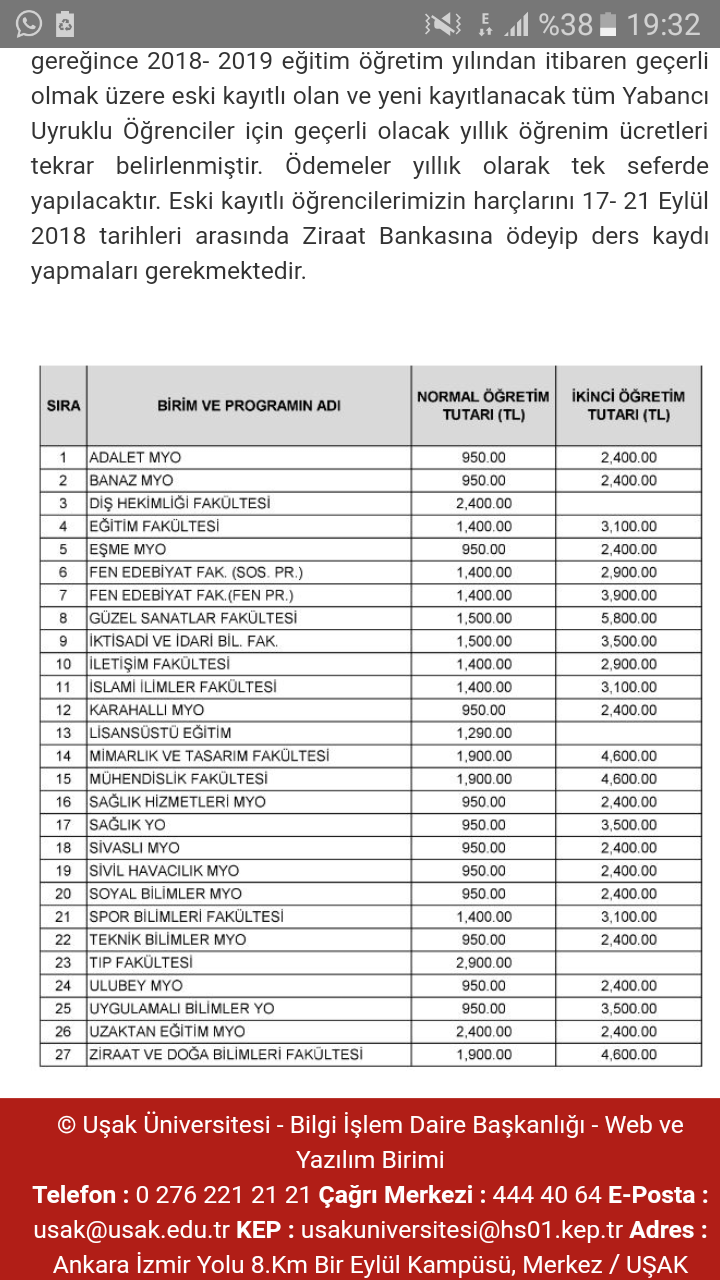 Uşak Üniversitesi 2018-2019 Harçları